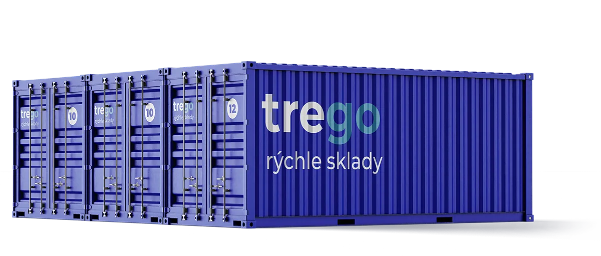 Rad modrých 20′ skladových kontajnerov Trego na prenájom v Trenčíne